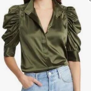 Frame Gillian Green Silk Puff Sleeve Button Top